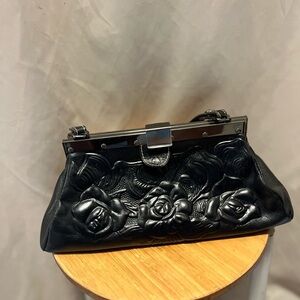 Patricia Nash Purse Black Rose Tooled Leather Ferrara Framed Satchel